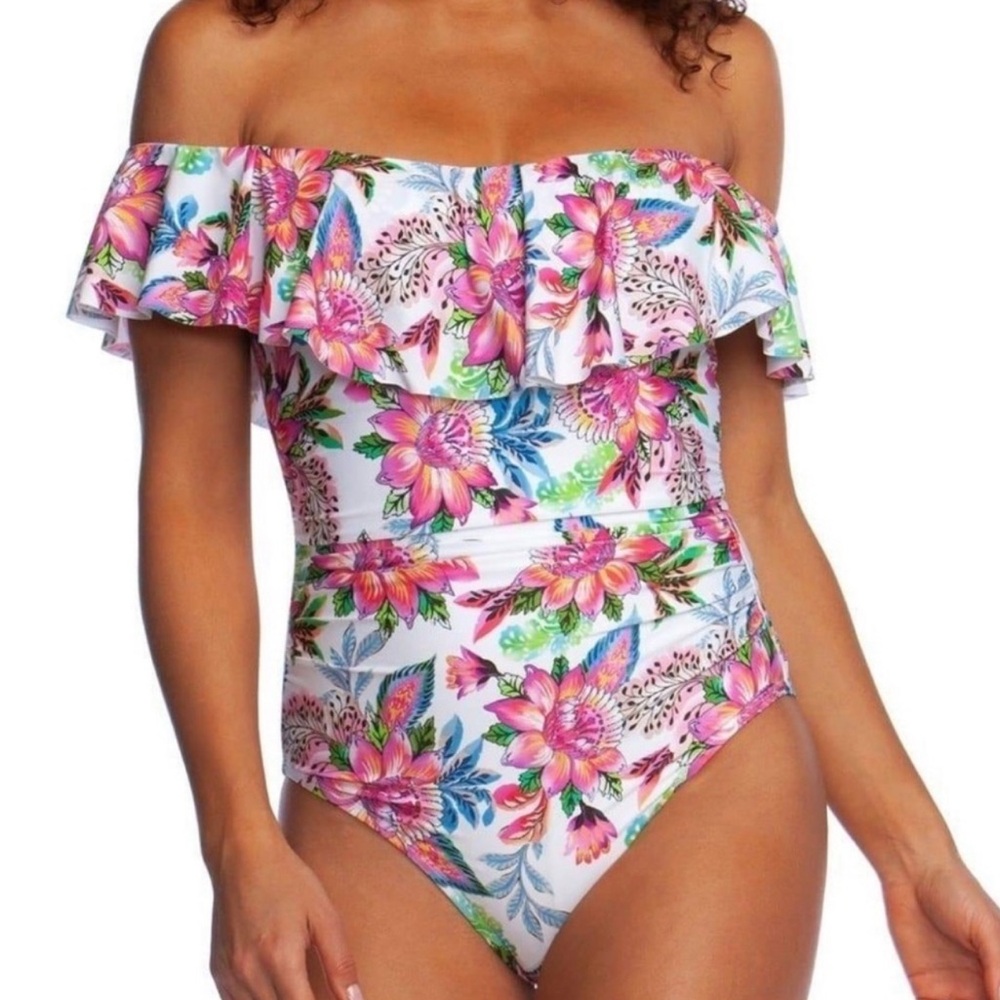 La Blanca 8 Floral Rhythm Off Shoulder Ruffle One Piece Swimsuit Botanical